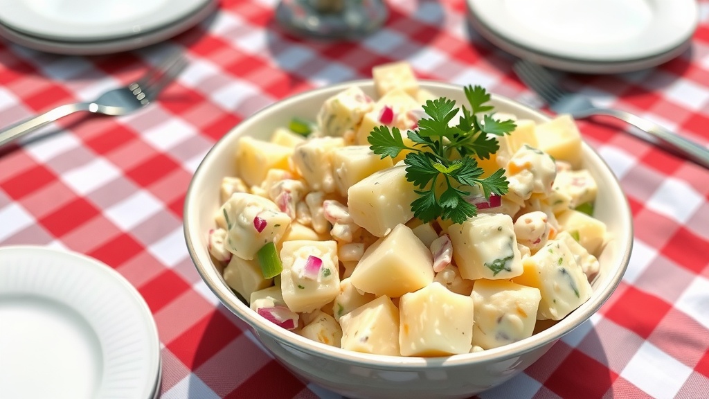 Classic Creamy Potato Salad Recipe A bowl of creamy potato salad with parsley, celery, and red onion on a picnic table.